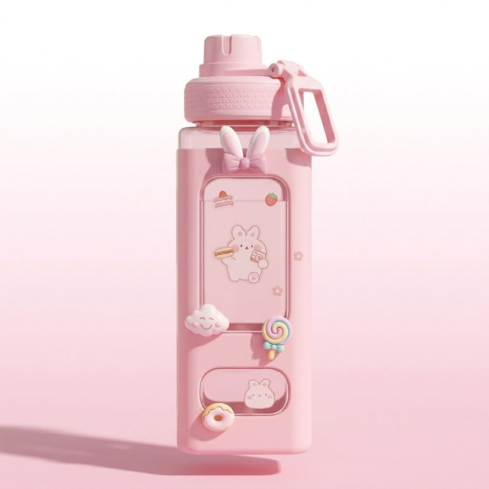 Kawaii Cute Plastic Water Bottle with Straw & Stickers | Leakproof Large Capacity Square Drinking Bottle