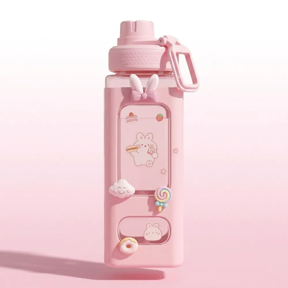 Kawaii Cute Plastic Water Bottle with Straw & Stickers | Leakproof Large Capacity Square Drinking Bottle