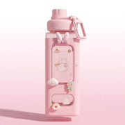 Kawaii Cute Plastic Water Bottle with Straw & Stickers | Leakproof Large Capacity Square Drinking Bottle