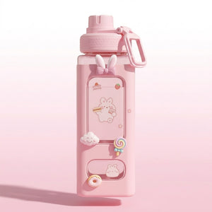 Kawaii Cute Plastic Water Bottle with Straw & Stickers | Leakproof Large Capacity Square Drinking Bottle