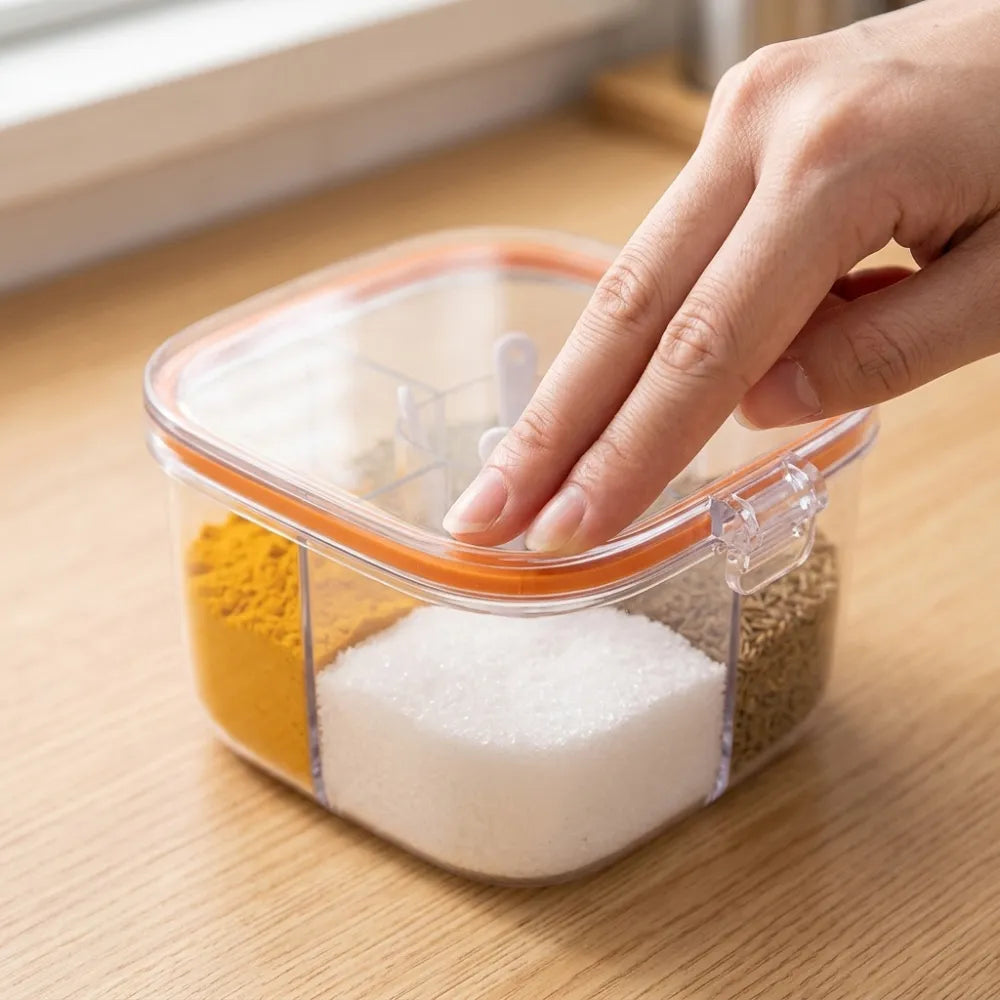 4-Compartment Clear Seasoning Box with Lid & 4 Serving Spoons | Spice & Condiment Storage Container for Kitchen