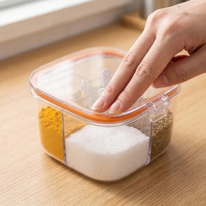4-Compartment Clear Seasoning Box with Lid & 4 Serving Spoons | Spice & Condiment Storage Container for Kitchen