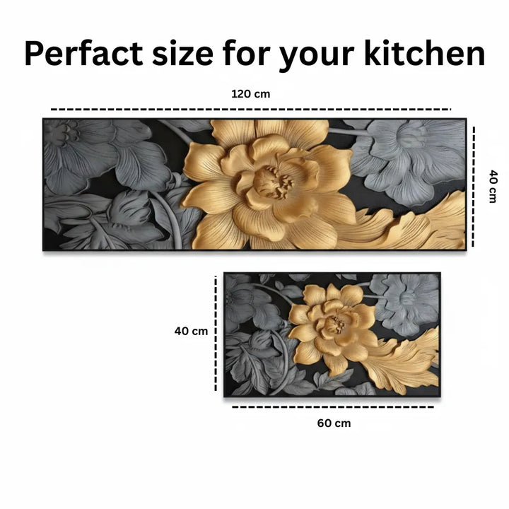 2-Piece 3D Black & Gold Floral Kitchen Mat Set – Luxury Non-Slip Anti-Fatigue Washable Runner Rugs for Kitchen & Hallway
