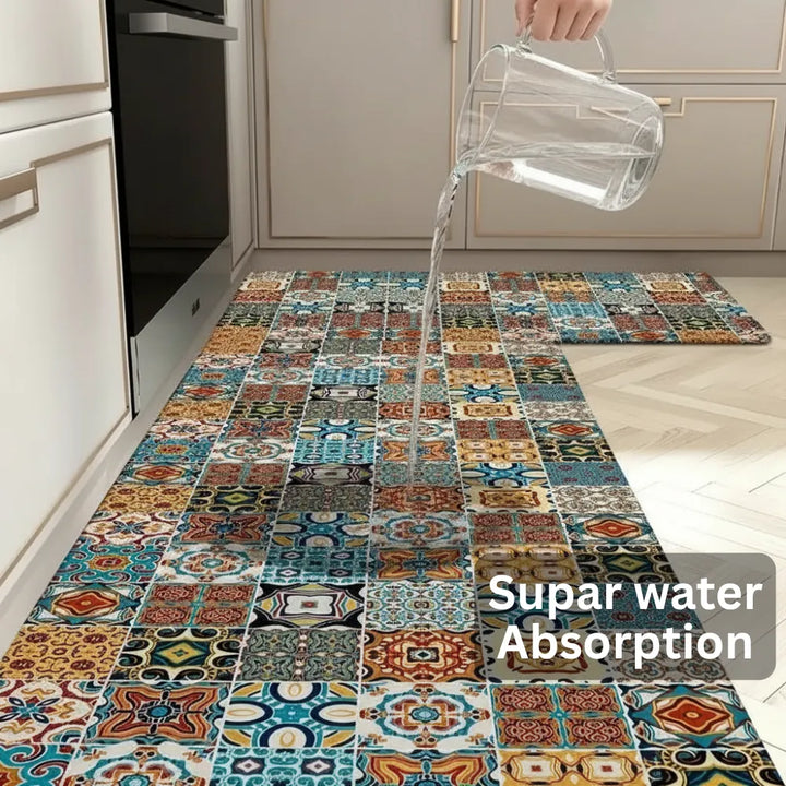 2-Piece Colorful Moroccan Mosaic Kitchen Mat Set | Boho Tile Patchwork Non-Slip Anti-Fatigue Washable Runner Rugs for Kitchen & Hallway