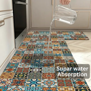 2-Piece Colorful Moroccan Mosaic Kitchen Mat Set | Boho Tile Patchwork Non-Slip Anti-Fatigue Washable Runner Rugs for Kitchen & Hallway