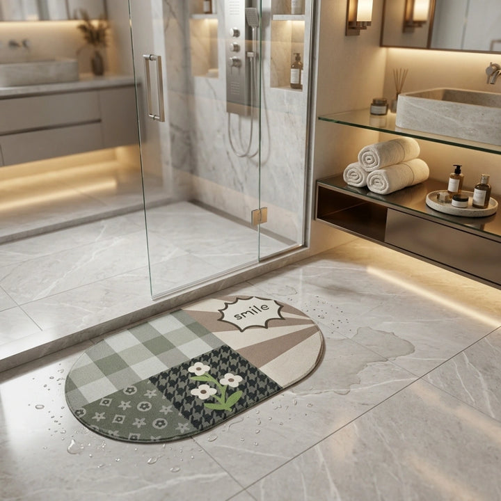 Smile” Patchwork Oval Bath Mat | Sage Green & Beige, Non‑Slip Quick‑Dry, Ultra‑Absorbent