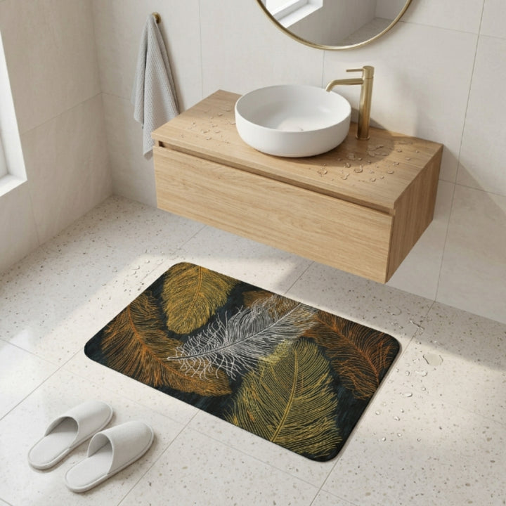 Luxury Feather Print Anti-Slip Bathroom Door Mat | Soft Absorbent Floor Rug