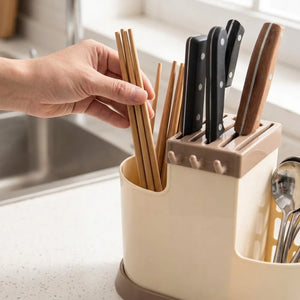 Multi-Functional Plastic Cutlery Holder with Drain Tray | Spoon, Knife, Chopsticks & Utensil Organizer Stand for Kitchen Counter