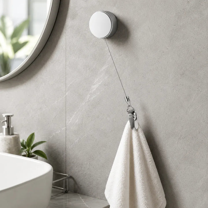 Stainless Steel Retractable Towel Holder Clips | No-Drill Self-Adhesive Wall Mounted Kitchen & Bathroom Towel Hanger Hooks