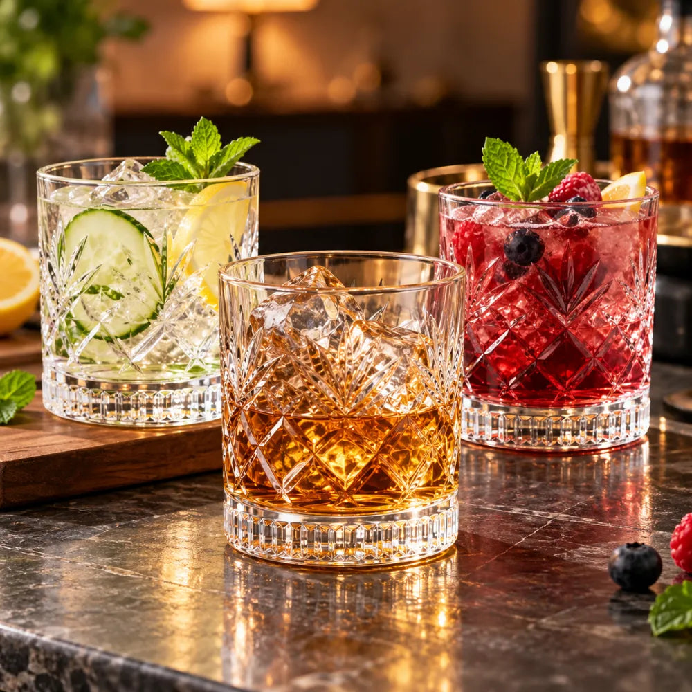 DELLUOGA Set of 6 Prism Cut Whiskey Glasses 205ml | Thick-Walled Wide Mouth Rocks Glasses for Whiskey, Scotch, Bourbon, Cocktails & juices
