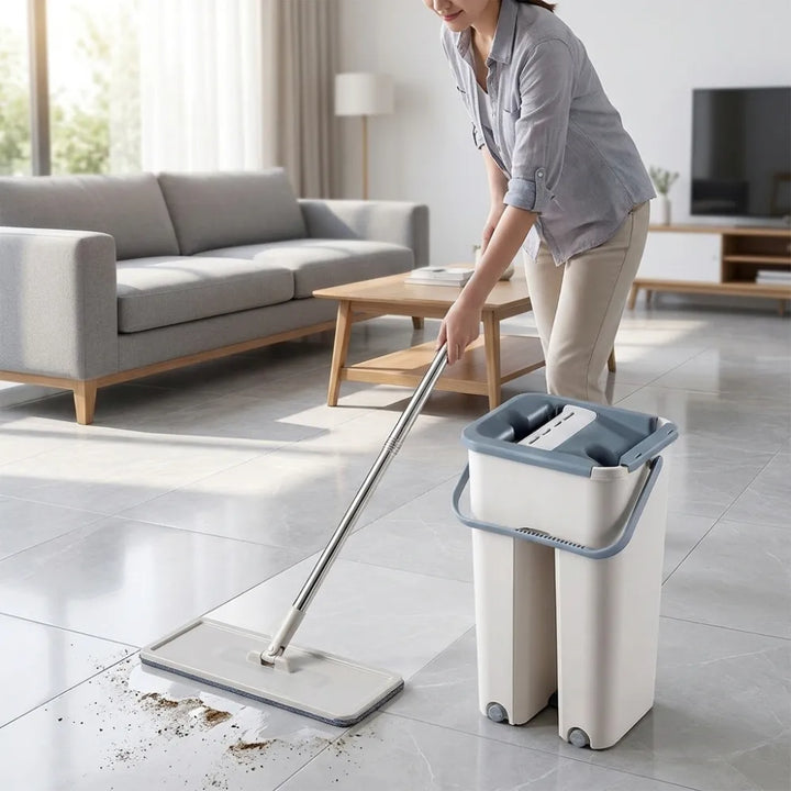 Flat Mop & Bucket Set with Self-Wringing System | 360° Flexible Microfiber Floor Mop | 2 Reusable Pads for Home, Kitchen & Office Cleaning