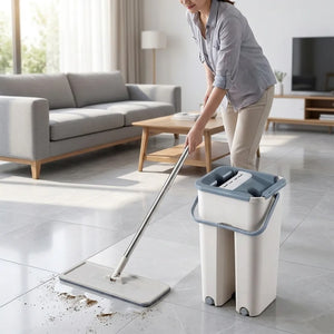 Flat Mop & Bucket Set with Self-Wringing System | 360° Flexible Microfiber Floor Mop | 2 Reusable Pads for Home, Kitchen & Office Cleaning