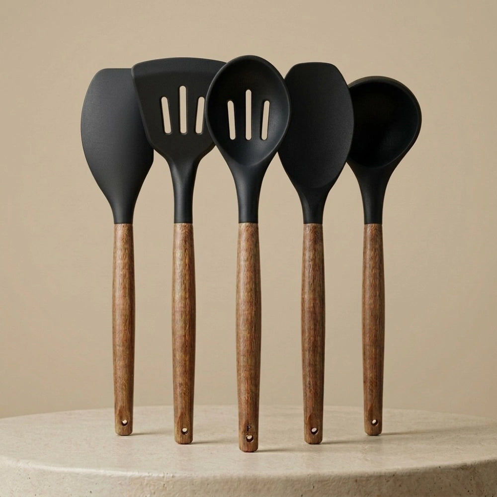5-Piece Silicone Kitchen Utensil Set with Wooden Handles | Non-Stick Cooking Spatulas, Turner, Serving Spoon & Soup Ladle, Heat Resistant Kitchen Tools