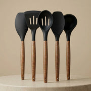 5-Piece Silicone Kitchen Utensil Set with Wooden Handles | Non-Stick Cooking Spatulas, Turner, Serving Spoon & Soup Ladle, Heat Resistant Kitchen Tools