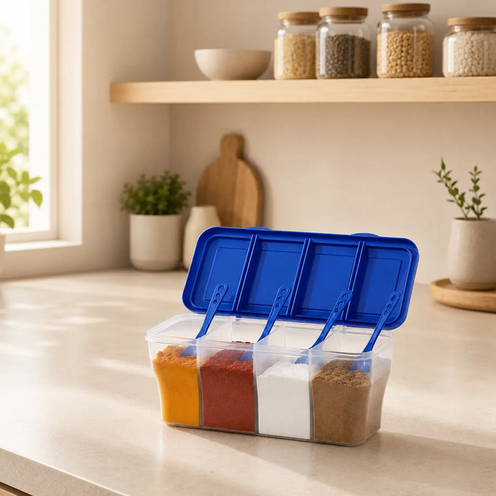 4-in-1 Airtight Masala Box with 3 Spoons | Transparent Spice & Dry Storage Container for Kitchen