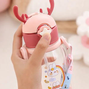 600ml Cute Cartoon Kids Water Bottle with Straw & Strap | Leakproof BPA-Free Sipper Bottle with Reindeer Antlers Cap for School & Travel