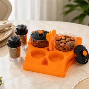 4PCS Multipurpose Pickle, Salt & Pepper Jar Set with Tray & 2 Spoons | Plastic Spice, Dry Fruit & Mukhwas Organizer for Dining Table