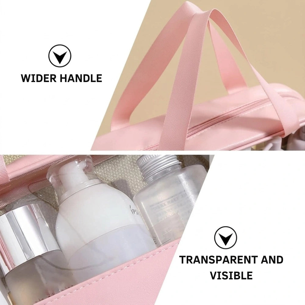 Transparent Makeup & Toiletry Organizer Bag Set | Waterproof Travel Cosmetic Storage Pouches with Handle (Pink)