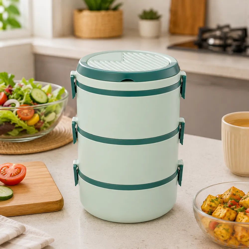 3-Layer Round Lunch Box | Leakproof Plastic Tiffin Box for Kids & Adults | Food Storage Container for School, Office & Travel