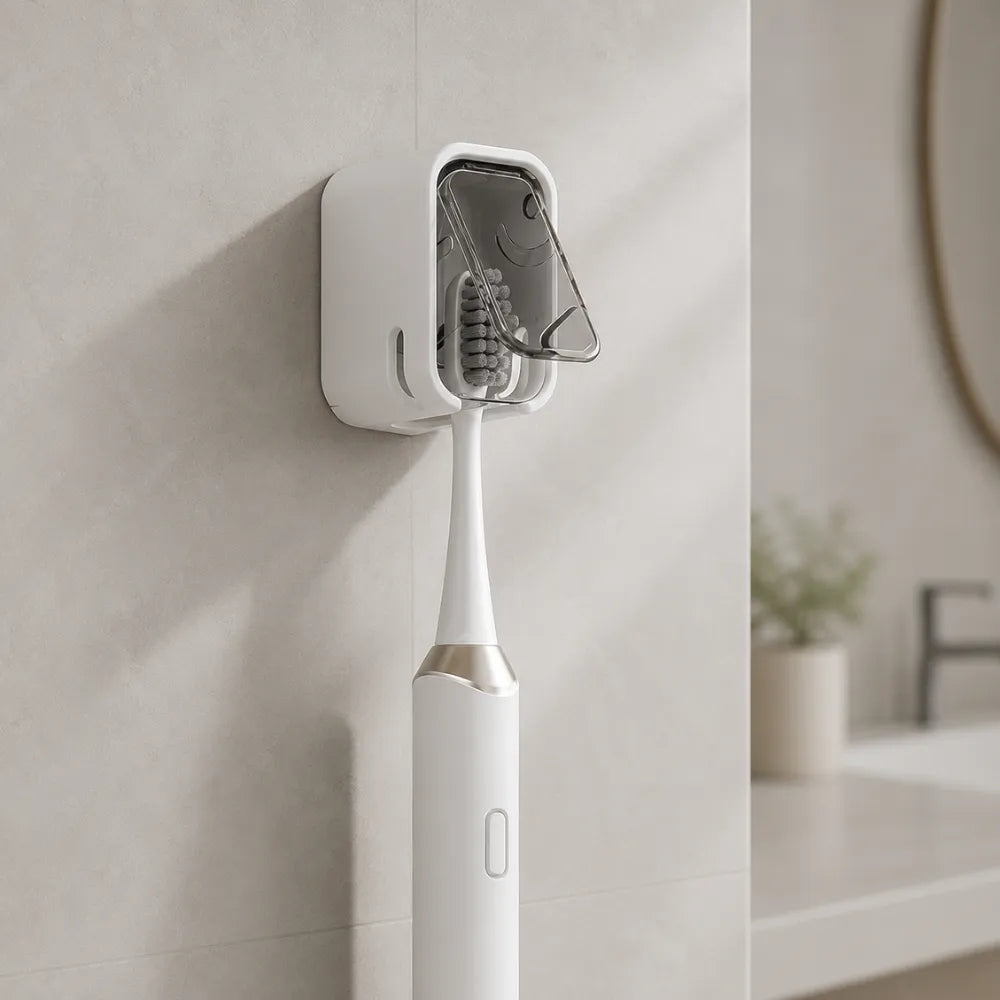 Wall Mounted Toothbrush Holder with Dustproof Cover | Self-Adhesive Bathroom Toothbrush Organizer with Clear Window & Quick-Dry Design