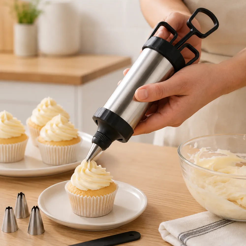 Stainless Steel Icing Gun Cake Decorating Kit | Pastry Syringe with Nozzles & Reusable Piping Bags for Cakes & Cupcakes