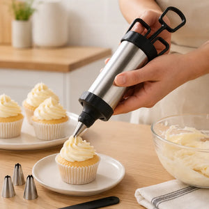 Stainless Steel Icing Gun Cake Decorating Kit | Pastry Syringe with Nozzles & Reusable Piping Bags for Cakes & Cupcakes