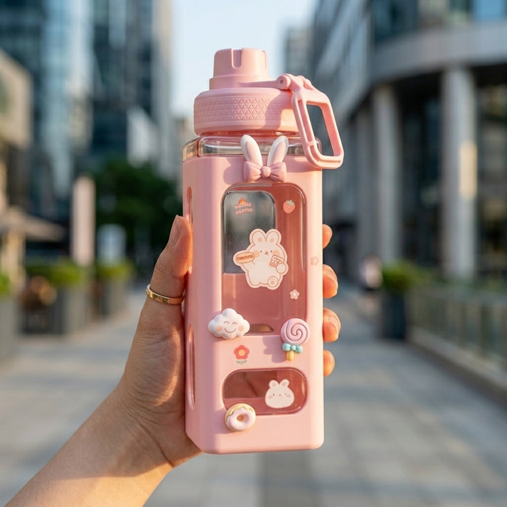 Kawaii Cute Plastic Water Bottle with Straw & Stickers | Leakproof Large Capacity Square Drinking Bottle