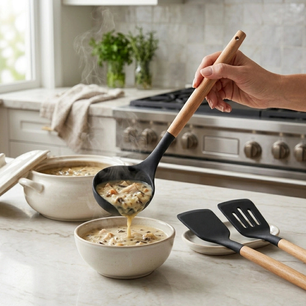 3-Piece Silicone Kitchen Utensil Set with Wooden Handles | Non-Stick Cooking Spatula, Turner & Soup Ladle, Heat Resistant Kitchen Tools