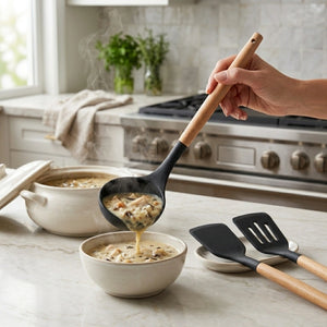 3-Piece Silicone Kitchen Utensil Set with Wooden Handles | Non-Stick Cooking Spatula, Turner & Soup Ladle, Heat Resistant Kitchen Tools