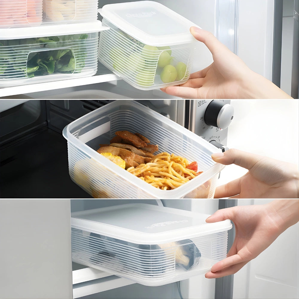 Fridge Storage Containers (Set of 6) with Draining Basket 1800ml | Stackable Airtight Food Organizer Boxes