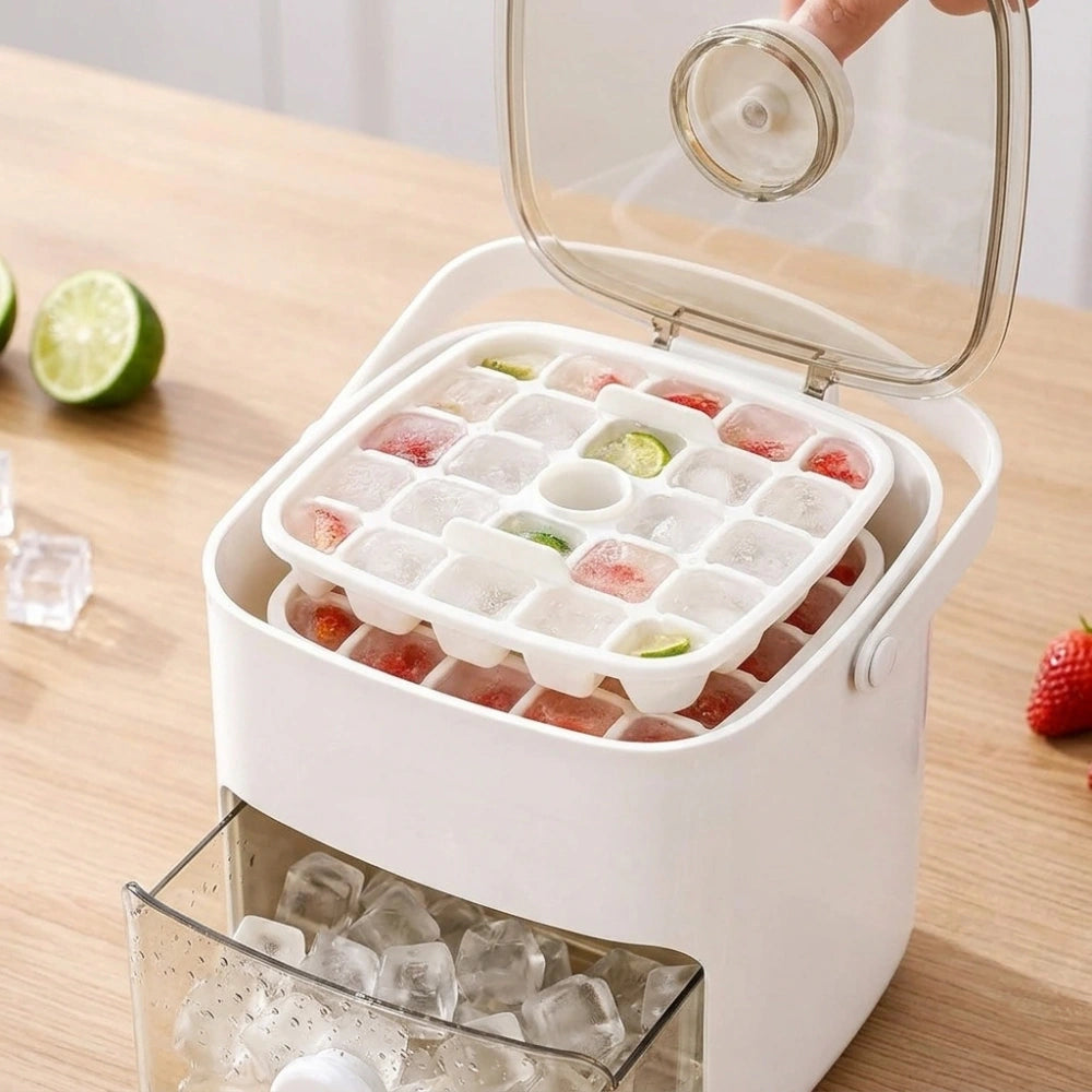 Double Layer Ice Cube Maker with Storage Box, BPA-Free Plastic, Push-Button Release, Transparent Drawer, Carry Handle