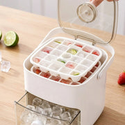 Double Layer Ice Cube Maker with Storage Box, BPA-Free Plastic, Push-Button Release, Transparent Drawer, Carry Handle