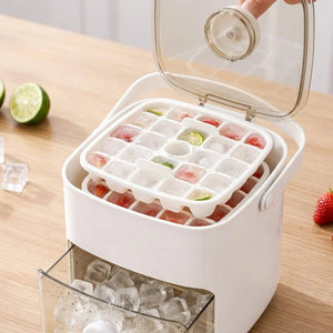 Double Layer Ice Cube Maker with Storage Box, BPA-Free Plastic, Push-Button Release, Transparent Drawer, Carry Handle