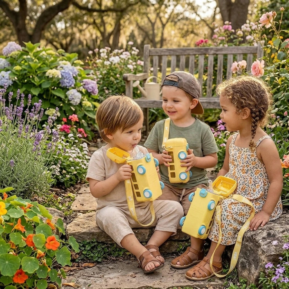 Kids Bus Shape Water Bottle with Straw & Strap | Leakproof Cartoon Sipper Bottle | Travel Water Bottle With Strap