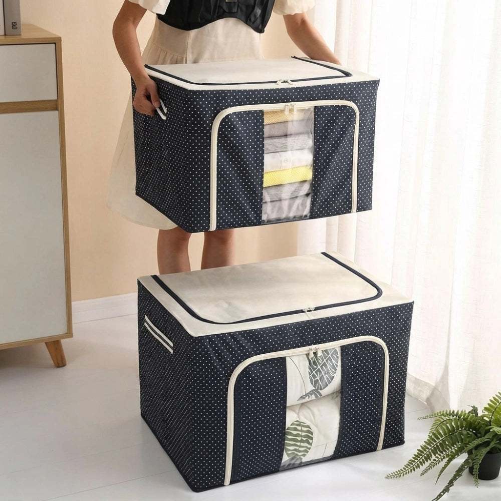 66 LTR Foldable Steel Frame Clothes Storage Bag with Clear Window & Zipper | Large Wardrobe Organizer