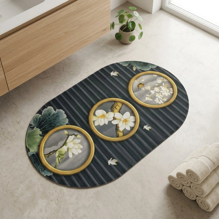 Magnolia Blossom Oval Bath Mat | Soft Quick Dry Anti-Slip Absorbent Floor Rug for Bathroom Entrance & Bedroom