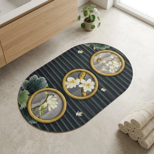 Magnolia Blossom Oval Bath Mat | Soft Quick Dry Anti-Slip Absorbent Floor Rug for Bathroom Entrance & Bedroom