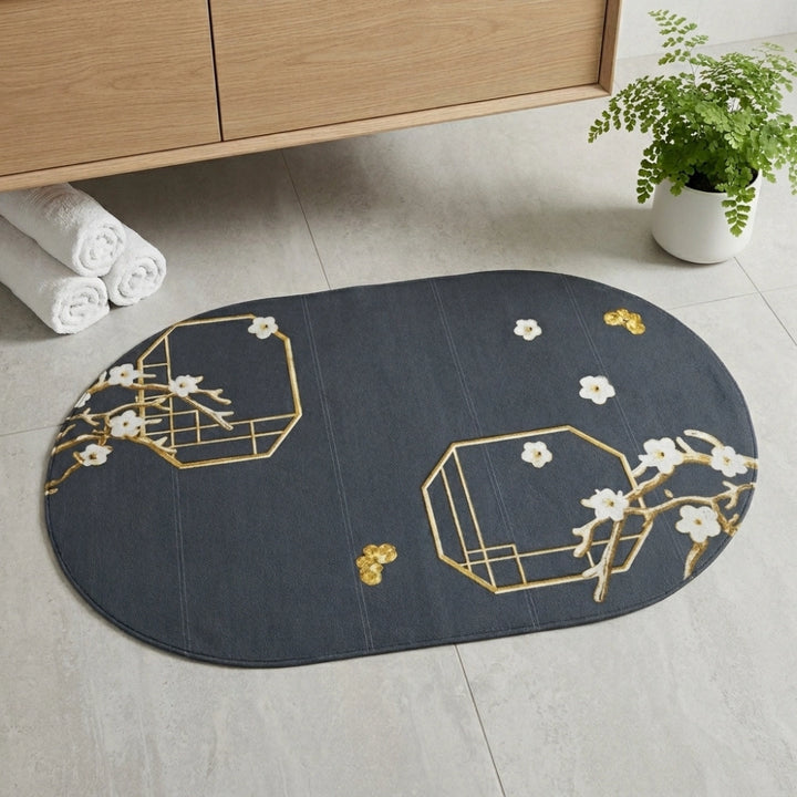 Charcoal Oval Bath Mat with Gold Geometric & White Blossom | Soft Quick Dry Anti-Slip Absorbent Floor Rug for Bathroom Entrance & Bedroom