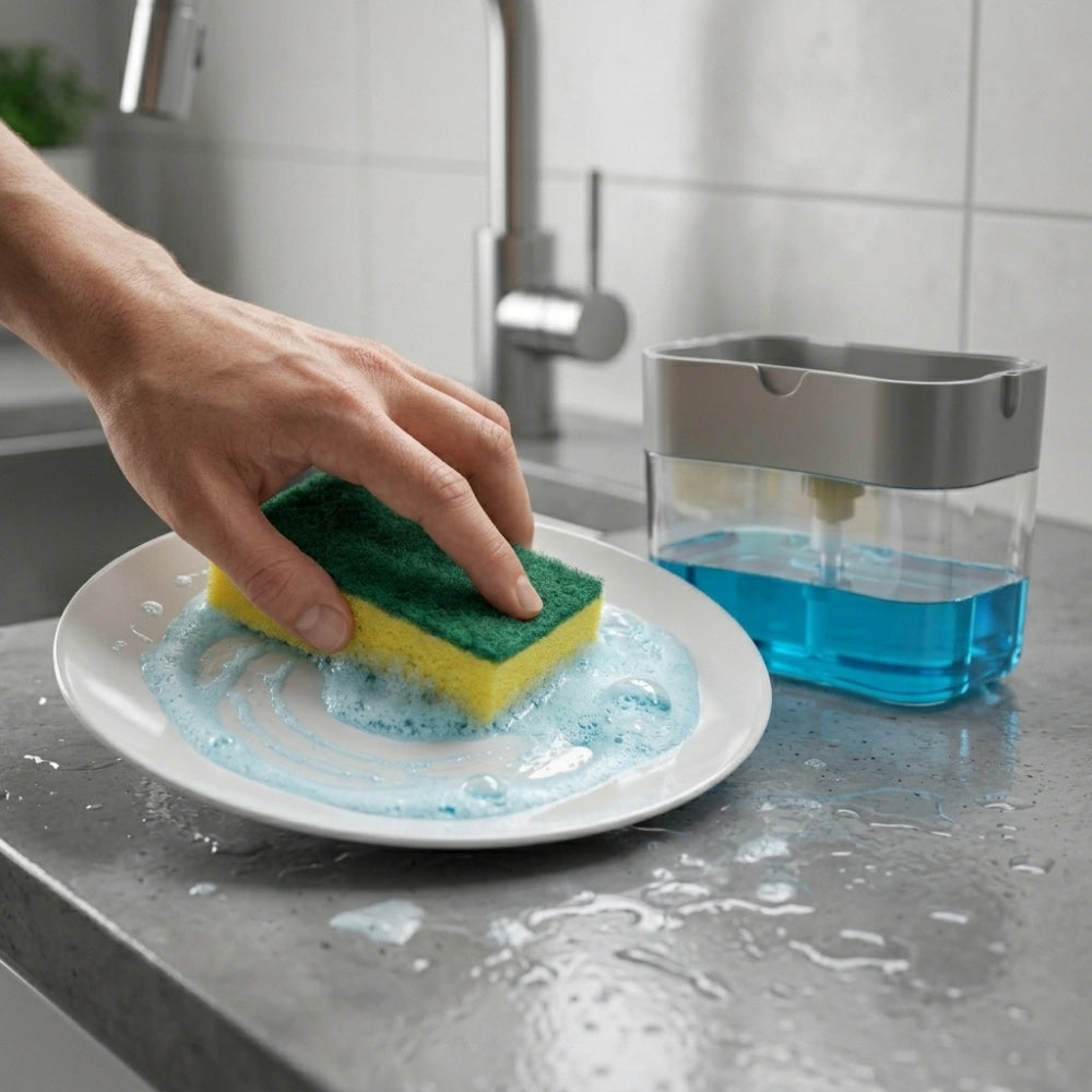 2 in 1 Kitchen Soap Dispenser with Sponge Holder | Liquid Dishwashing Pump for Sink & Bathroom Use