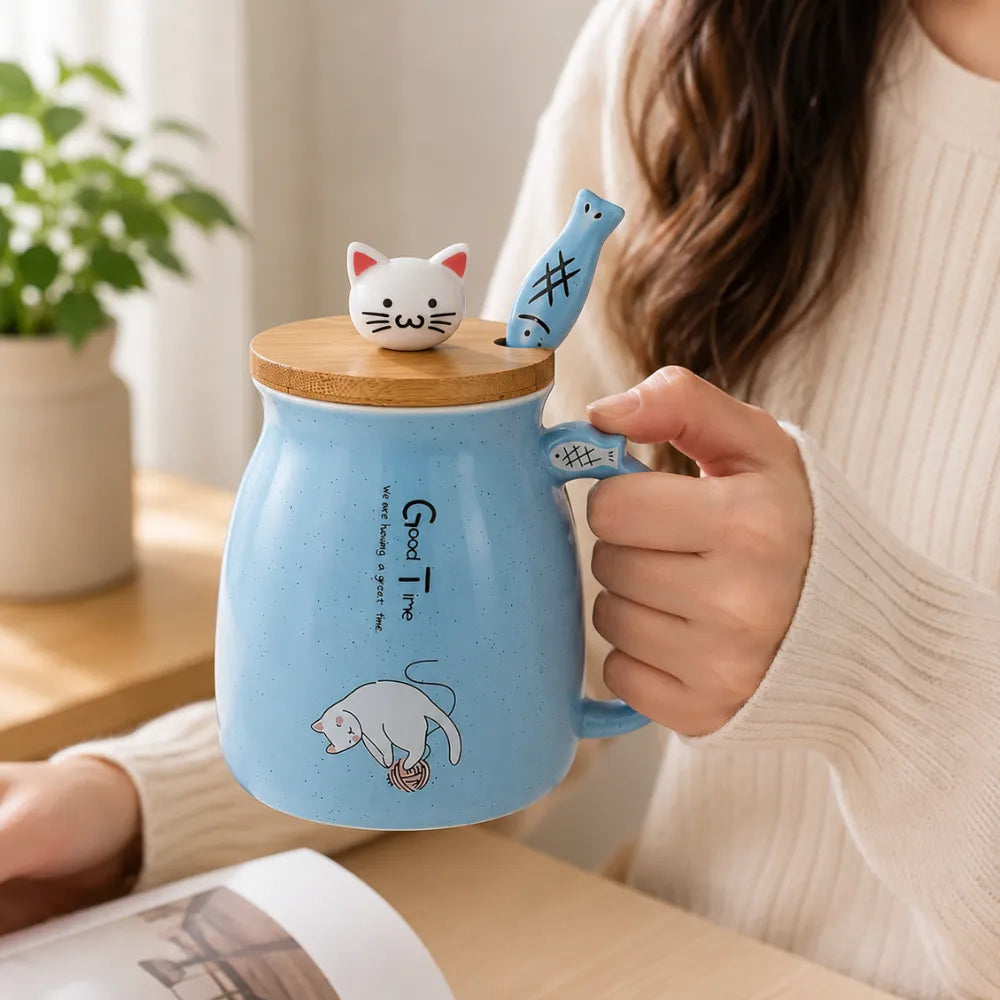 400ml Cute Cat Ceramic Coffee Mug with Wooden Lid & Stainless Steel Spoon | Kawaii Kitty Tea Cup for Home & Office