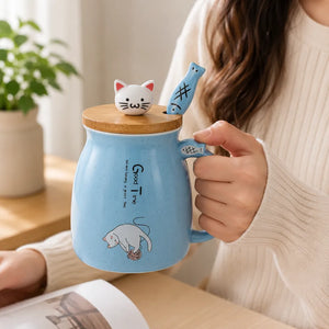 400ml Cute Cat Ceramic Coffee Mug with Wooden Lid & Stainless Steel Spoon | Kawaii Kitty Tea Cup for Home & Office