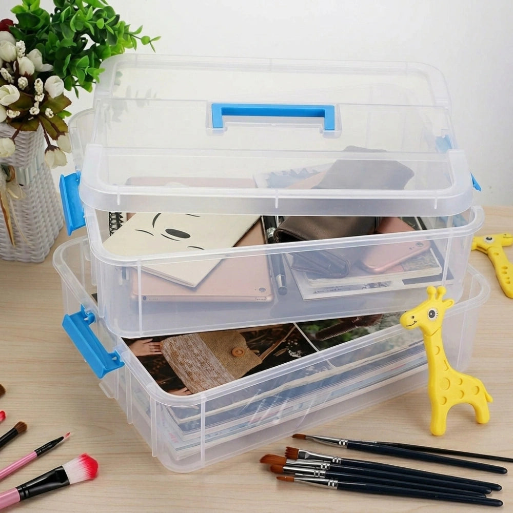 2 Layer Clear Plastic Storage Box with Lid & Handle | Portable Stackable Organizer for Stationery, Crafts, Sewing & Art Supplies