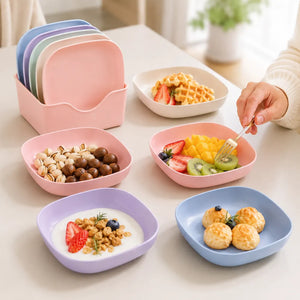 10PCS Square Plastic Dinner Plates Set with Stand | Reusable Colorful Snack, Breakfast & Serving Plates for Home, Kitchen, Picnic & Party