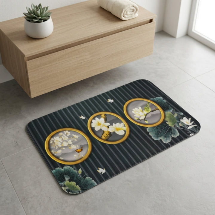 Luxury Floral Oval Anti-Slip Bath Mat | Soft Absorbent Quick Dry Bathroom Floor Rug | Modern Waterproof Door Mat