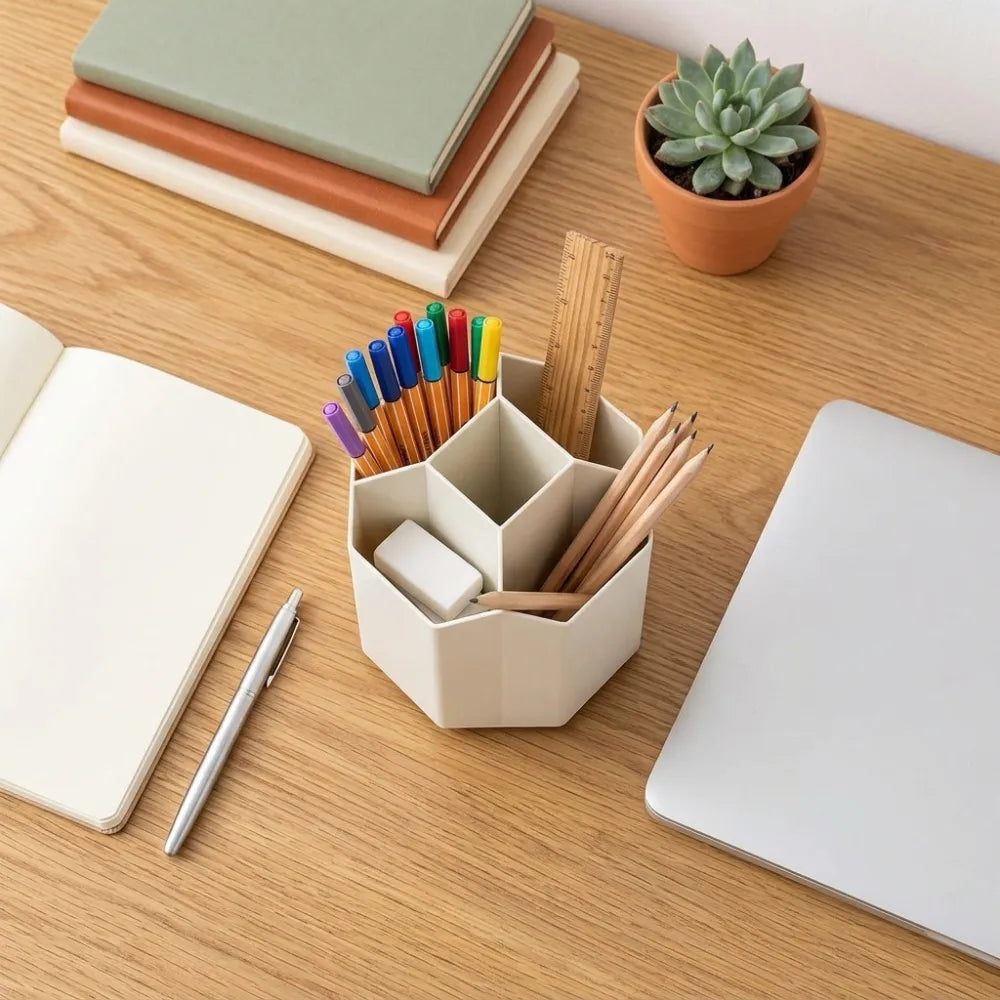 360° Rotating Desk Organizer | 5-Compartment Pen & Pencil Holder | Plastic Stationery Storage for Office, Study & Home