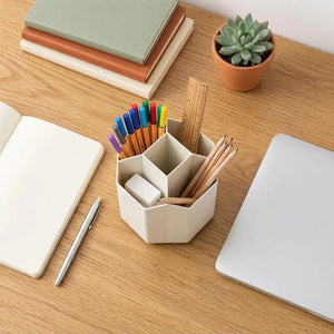 360° Rotating Desk Organizer | 5-Compartment Pen & Pencil Holder | Plastic Stationery Storage for Office, Study & Home
