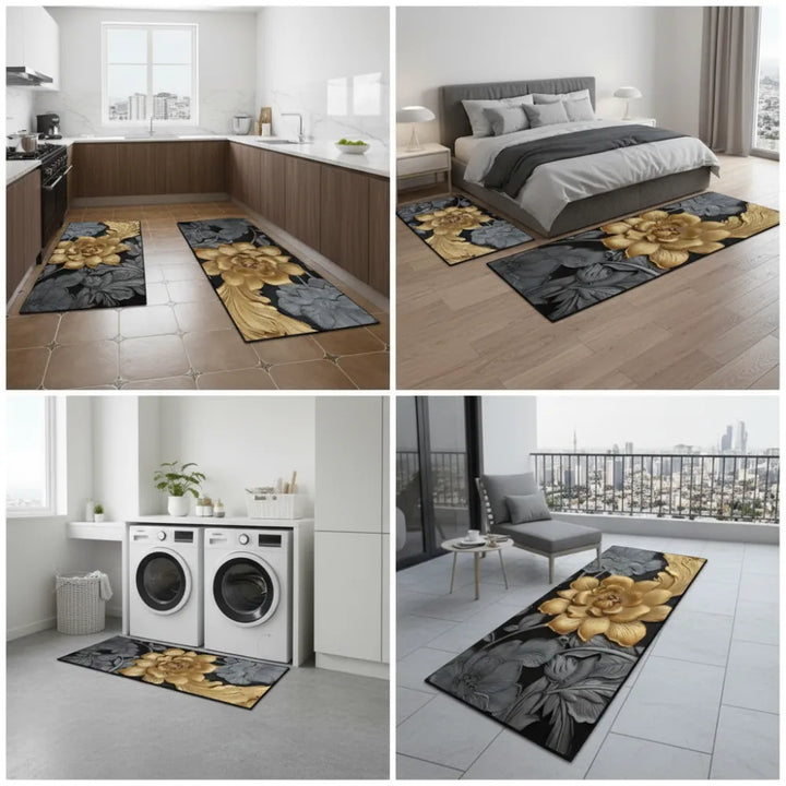 2-Piece 3D Black & Gold Floral Kitchen Mat Set – Luxury Non-Slip Anti-Fatigue Washable Runner Rugs for Kitchen & Hallway
