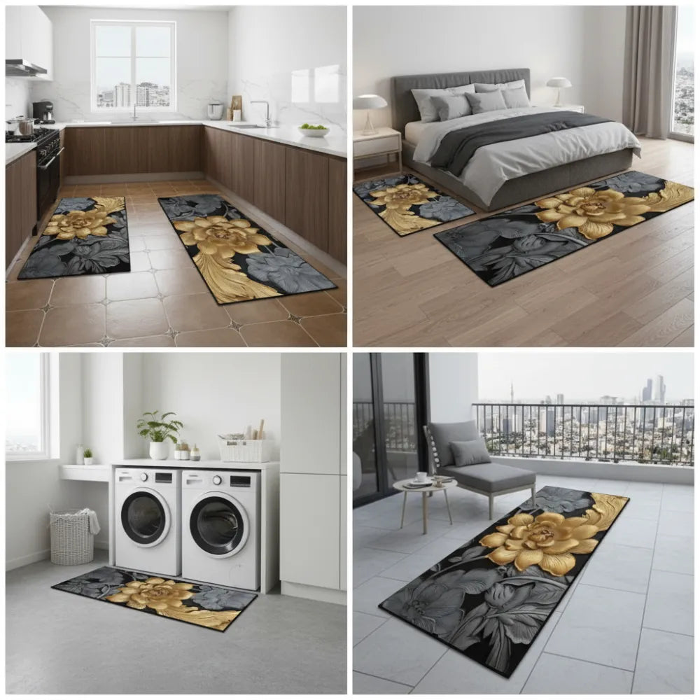 2-Piece 3D Black & Gold Floral Kitchen Mat Set – Luxury Non-Slip Anti-Fatigue Washable Runner Rugs for Kitchen & Hallway