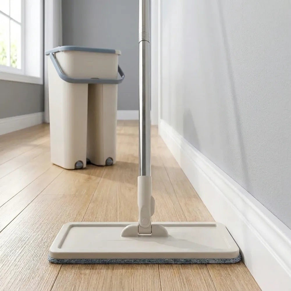 Flat Mop & Bucket Set with Self-Wringing System | 360° Flexible Microfiber Floor Mop | 2 Reusable Pads for Home, Kitchen & Office Cleaning
