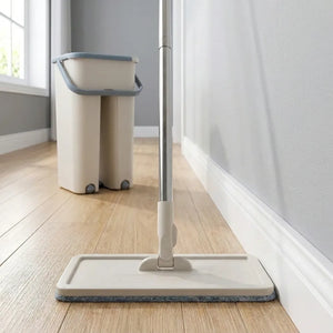 Flat Mop & Bucket Set with Self-Wringing System | 360° Flexible Microfiber Floor Mop | 2 Reusable Pads for Home, Kitchen & Office Cleaning